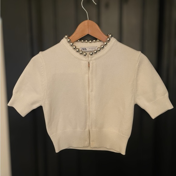Zara Woman White Beaded Crop Knit Jacket Short Sleeve Cardigan Blazer Size Small - Picture 2 of 10